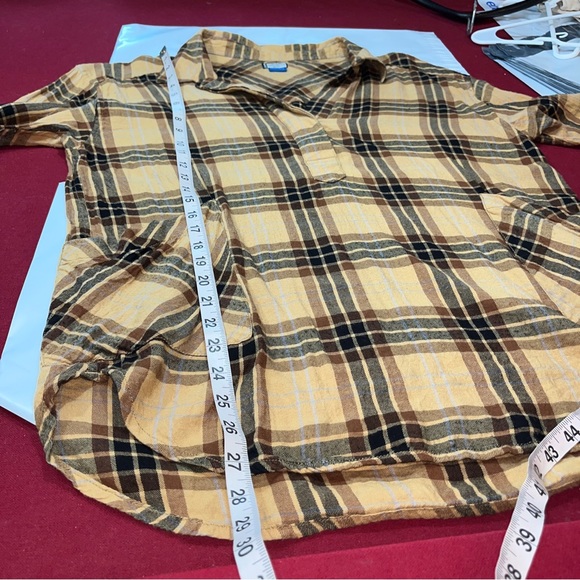 KAVU brown Tan Plaid 1/2 Button Flannel Shirt Big Front Pockets Tunic Cotton Med - Picture 4 of 13